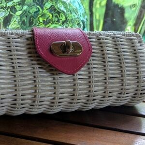 White Woven Clutch With Pink Strap